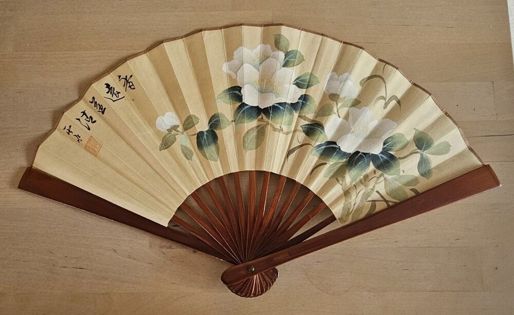 Vintage Signed painted oriental Paper bamboo Fan with flowers